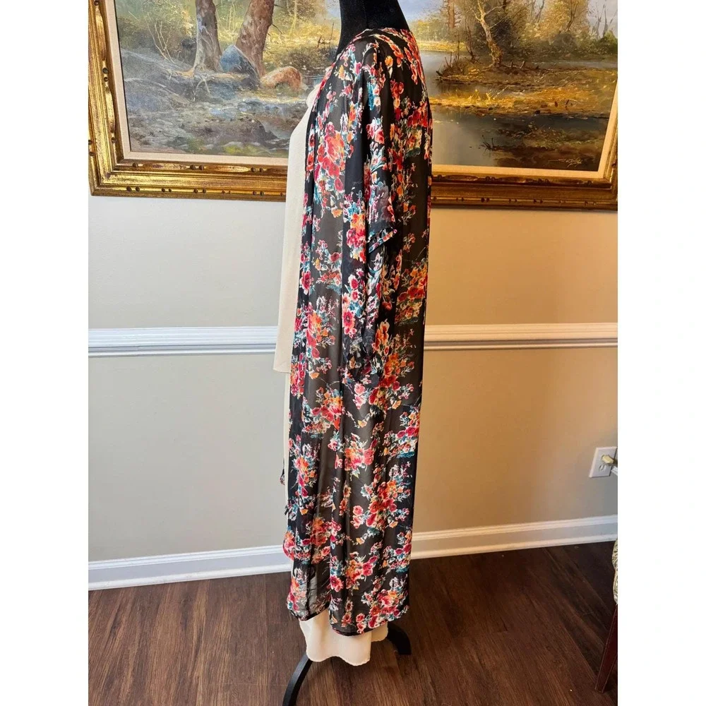Lu Los Angeles 3 Piece Set XL Beige‎ Maxi Skirt Top Floral Sheer Duster USA